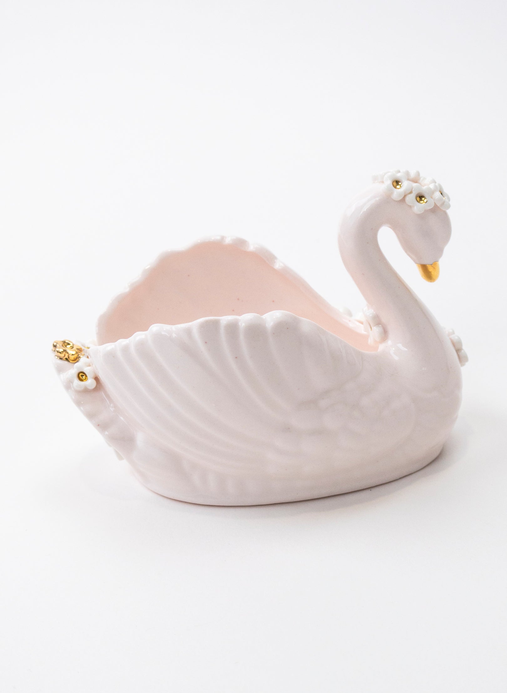 Small Pale Pink Swan Vase with Golden and White Flowers