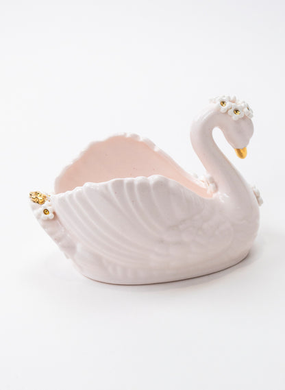 Small Pale Pink Swan Vase with Golden and White Flowers