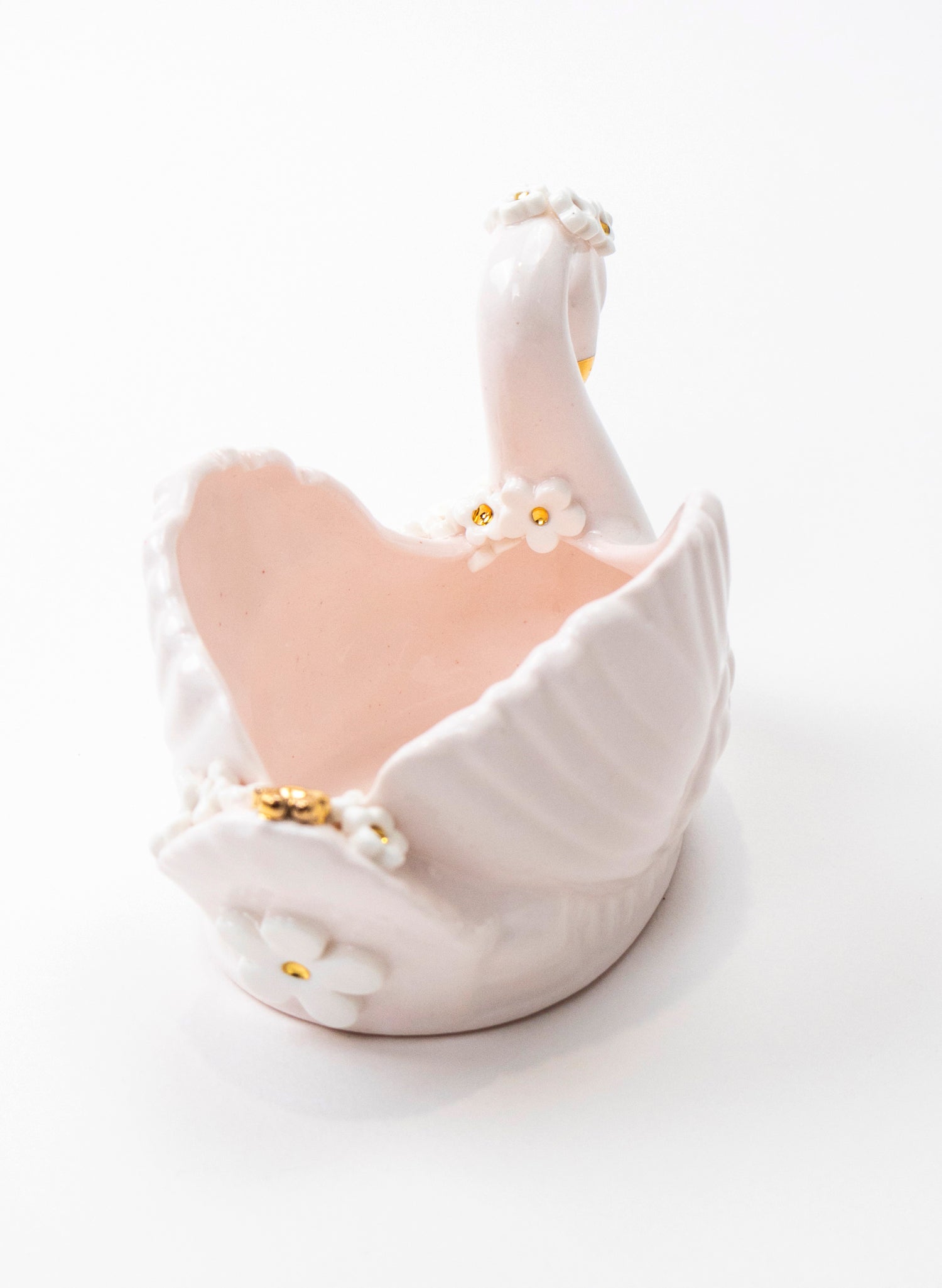 Small Pale Pink Swan Vase with Golden and White Flowers