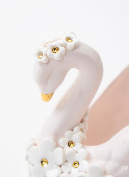 Small Pale Pink Swan Vase with Golden and White Flowers