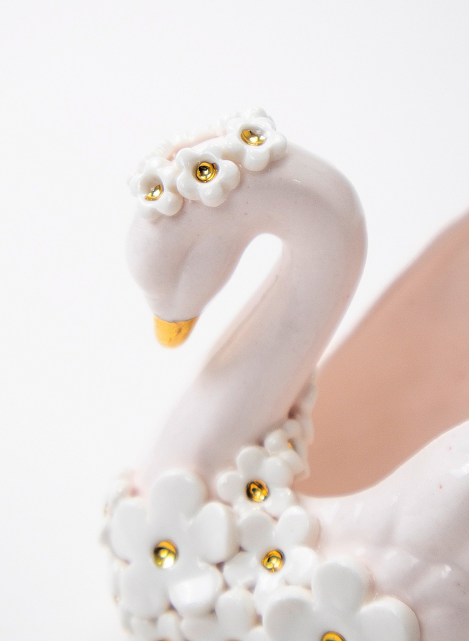 Small Pale Pink Swan Vase with Golden and White Flowers