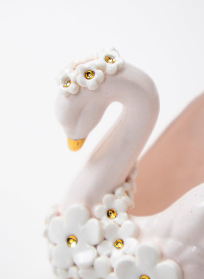Small Pale Pink Swan Vase with Golden and White Flowers