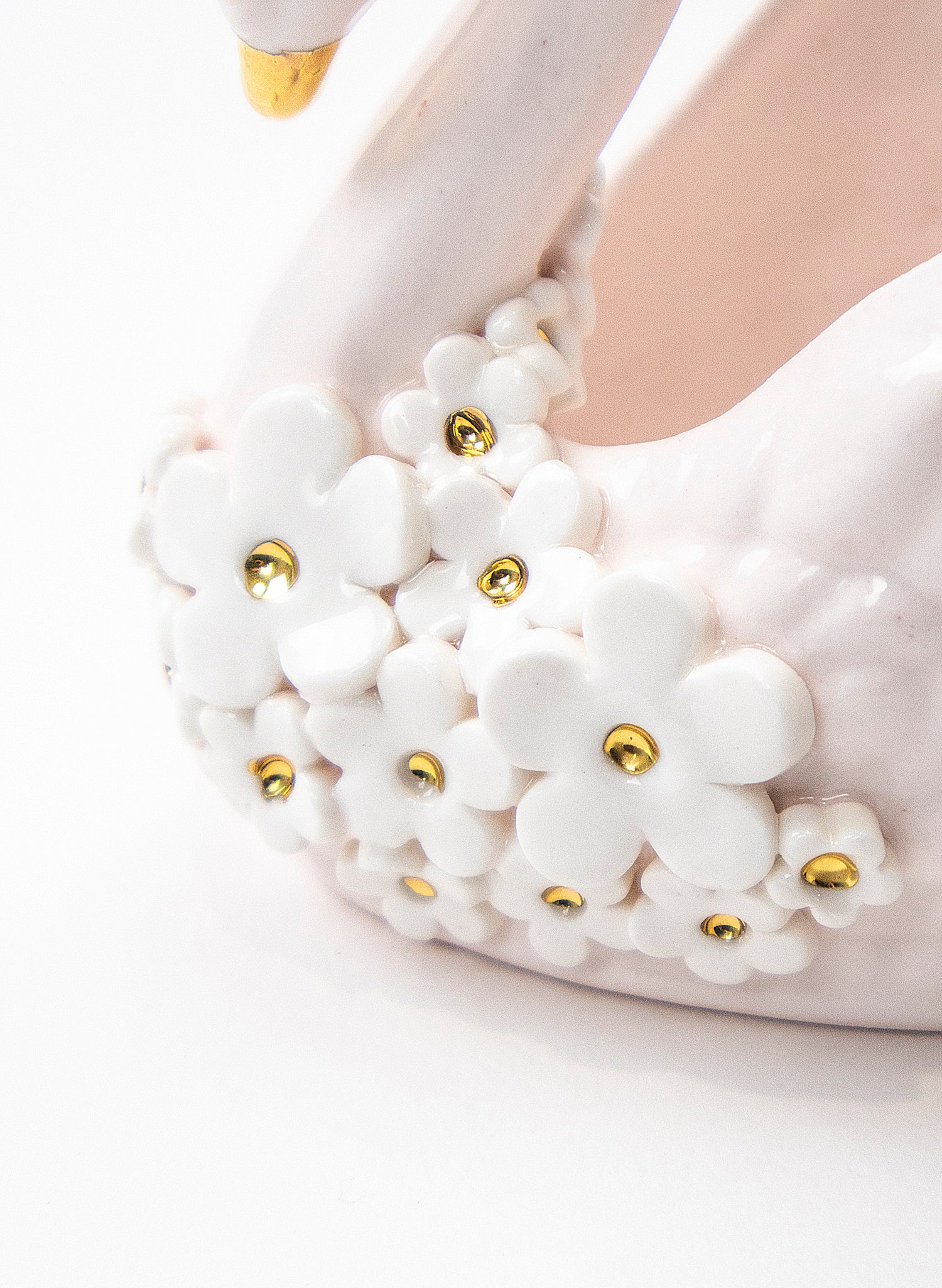 Small Pale Pink Swan Vase with Golden and White Flowers