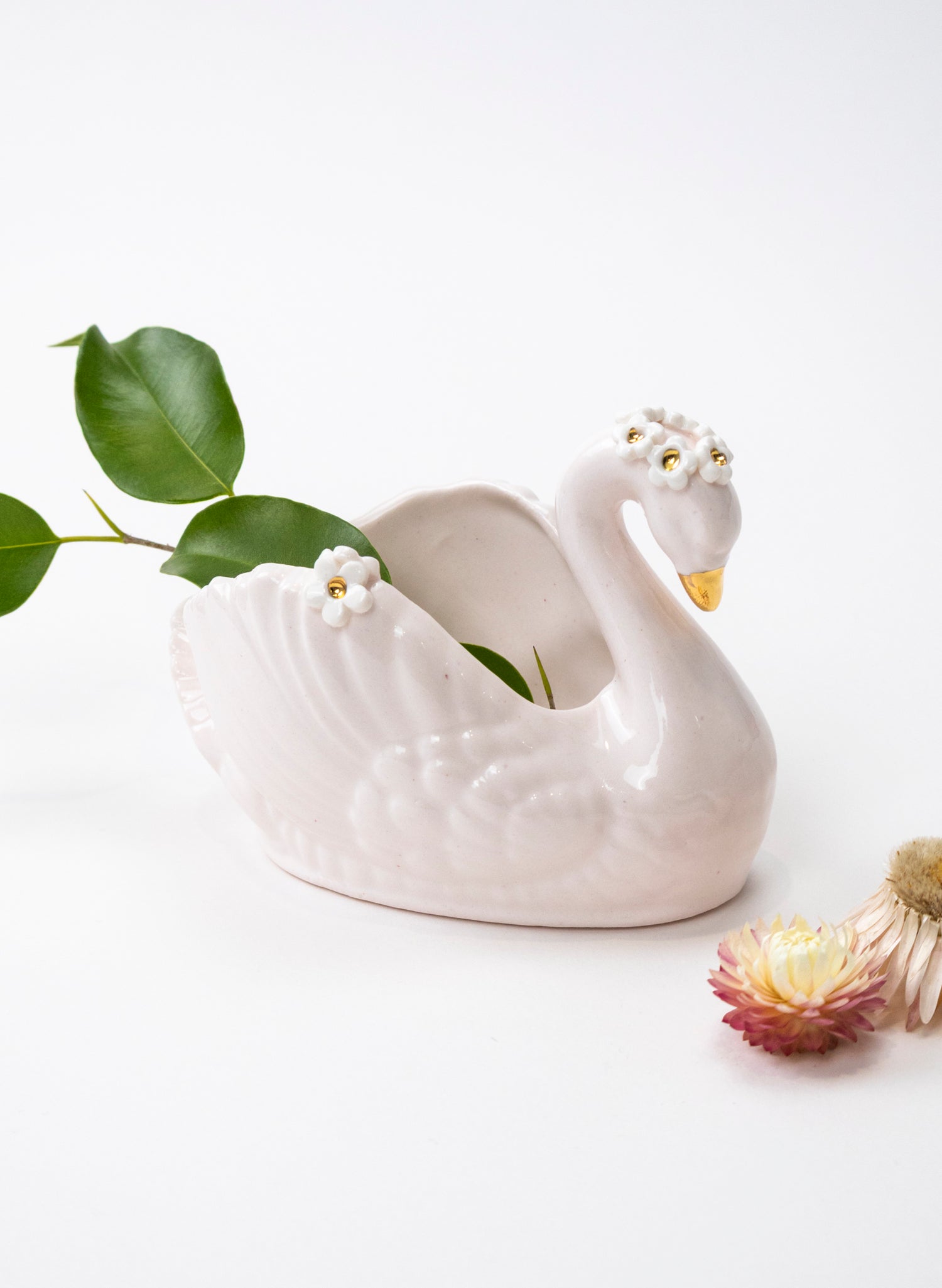 Small Pale Pink Swan Vase with Golden and White Flowers