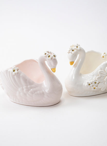 Small Pale Pink Swan Vase with Golden and White Flowers