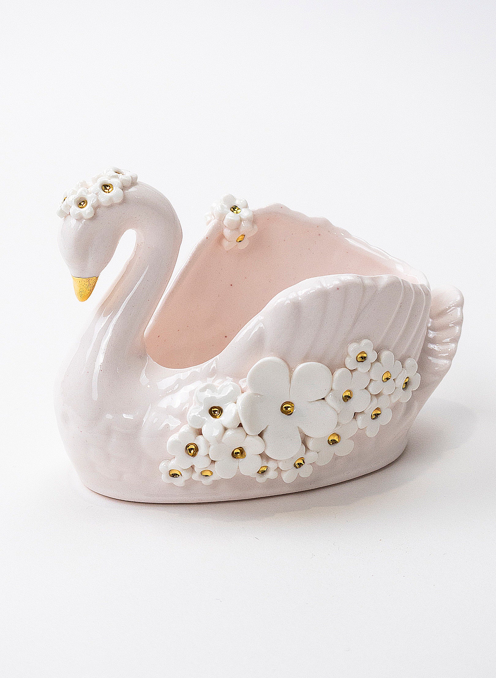 Small Pale Pink Swan Vase with Golden and White Flowers