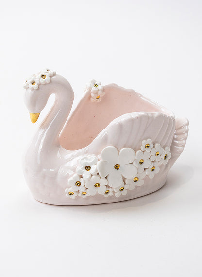 Small Pale Pink Swan Vase with Golden and White Flowers