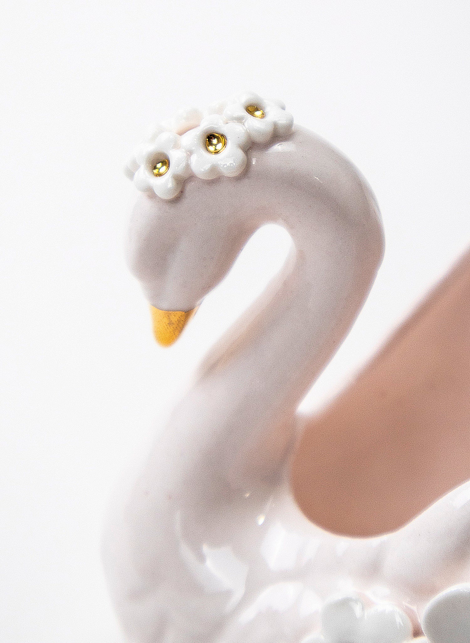 Small Pale Pink Swan Vase with Golden and White Flowers
