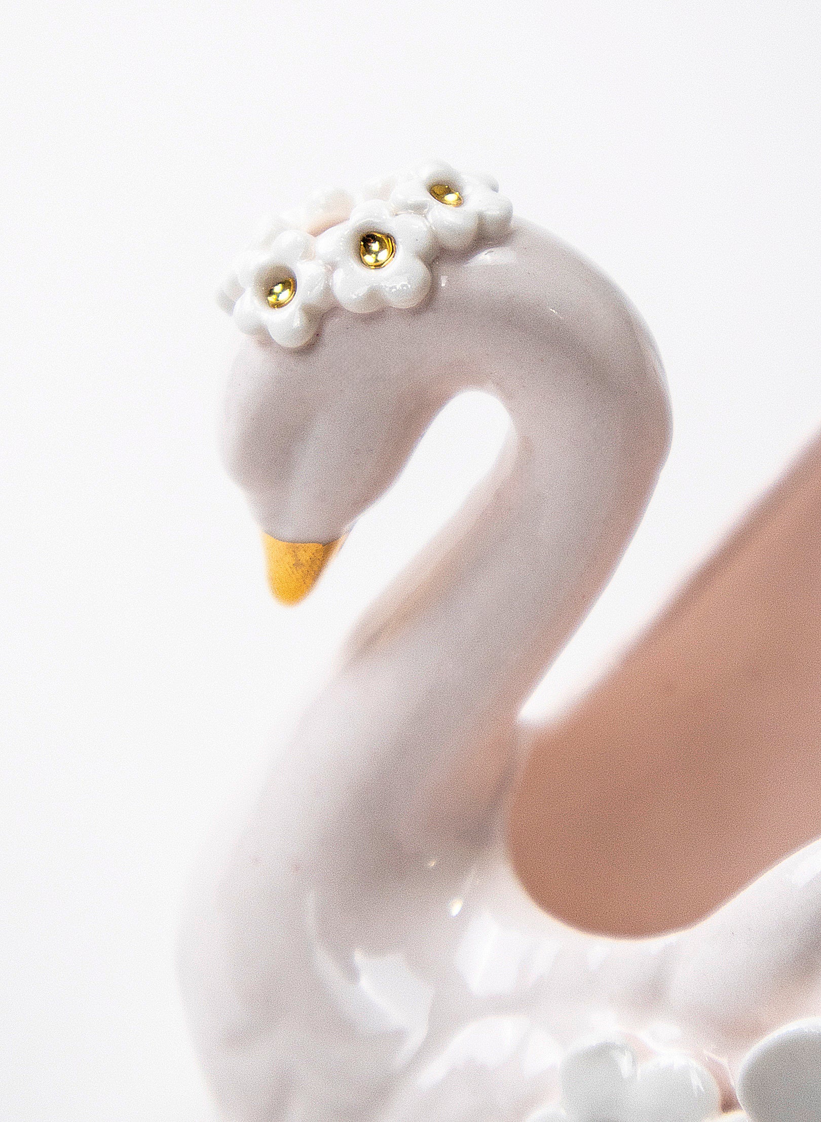 Small Pale Pink Swan Vase with Golden and White Flowers