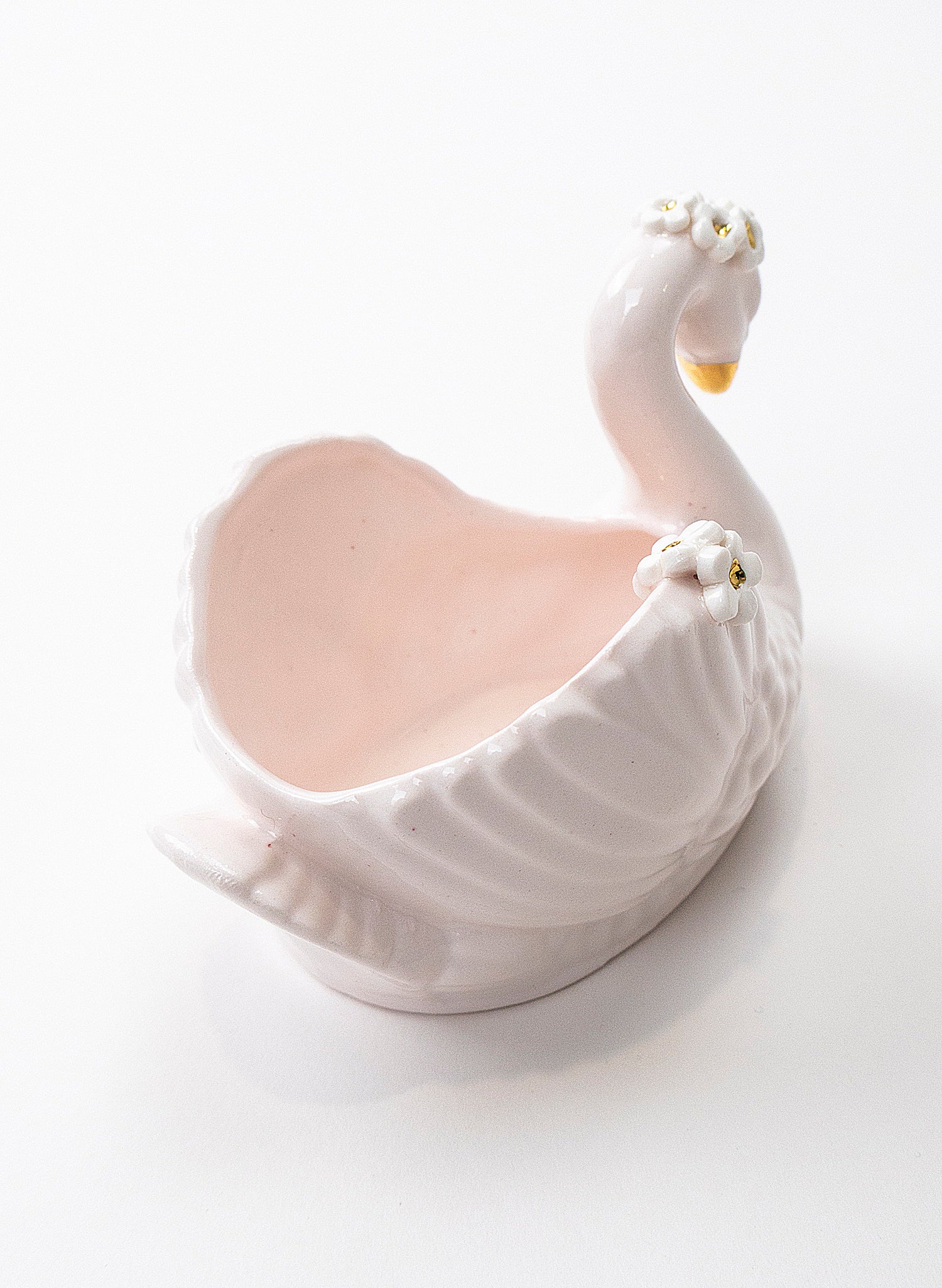 Small Pale Pink Swan Vase with Golden and White Flowers