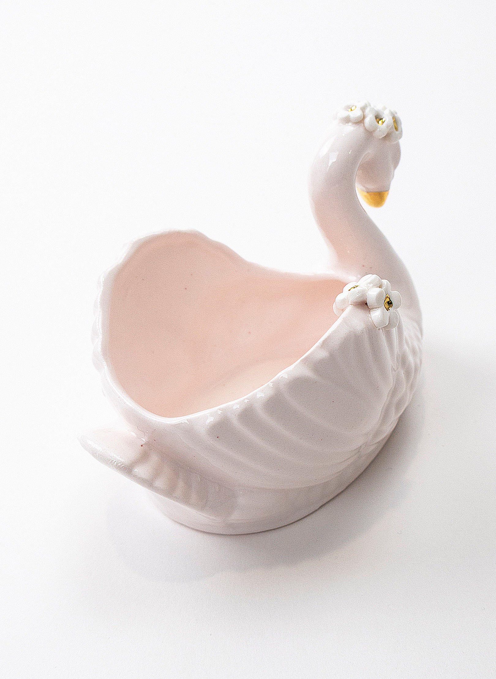 Small Pale Pink Swan Vase with Golden and White Flowers