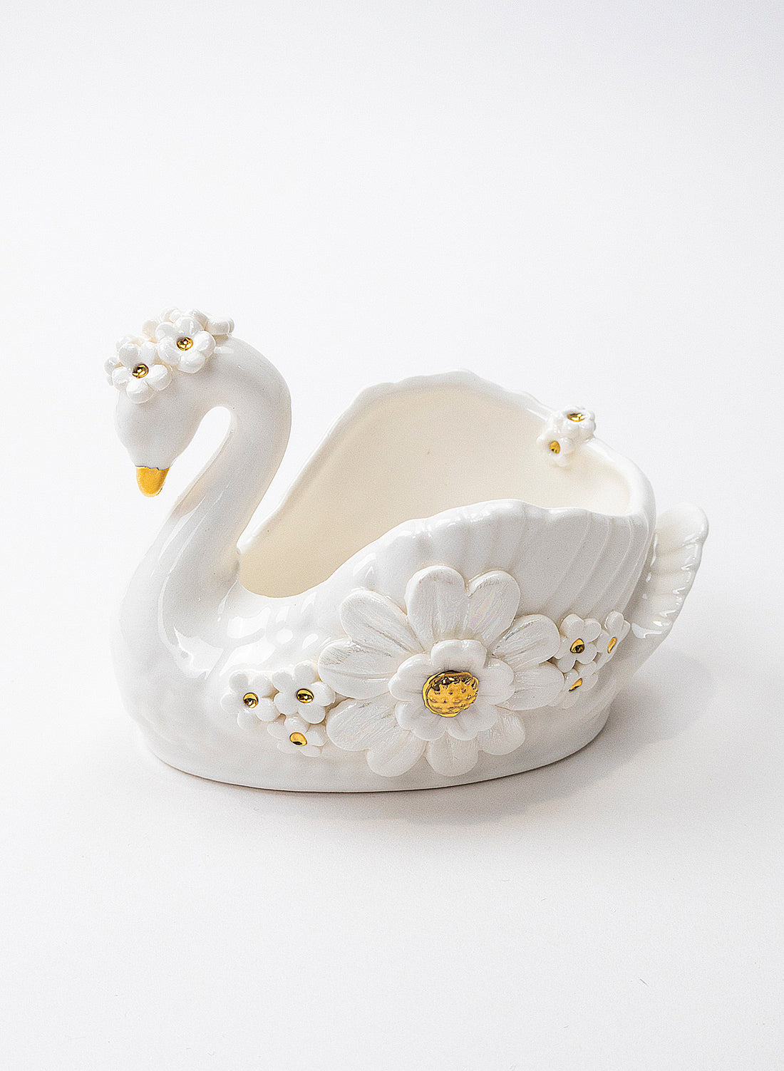 Small Swan Vase with Golden and White Flowers