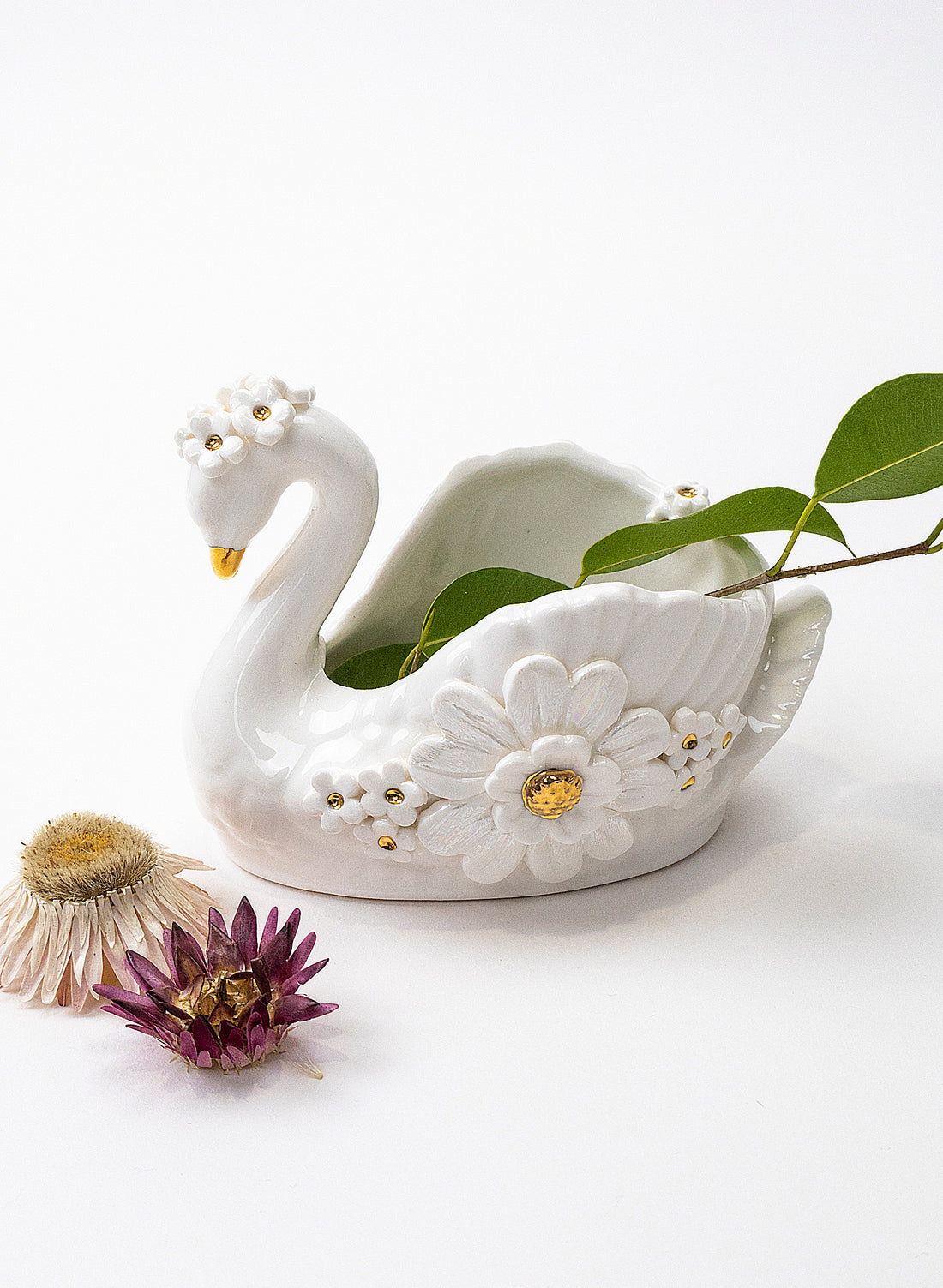 Small Swan Vase with Golden and White Flowers