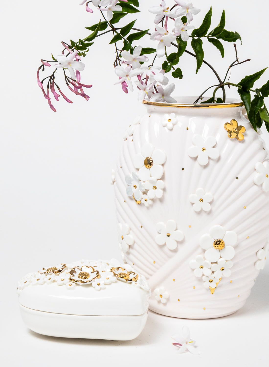 XL Deco Vase - White and Gold Flowers