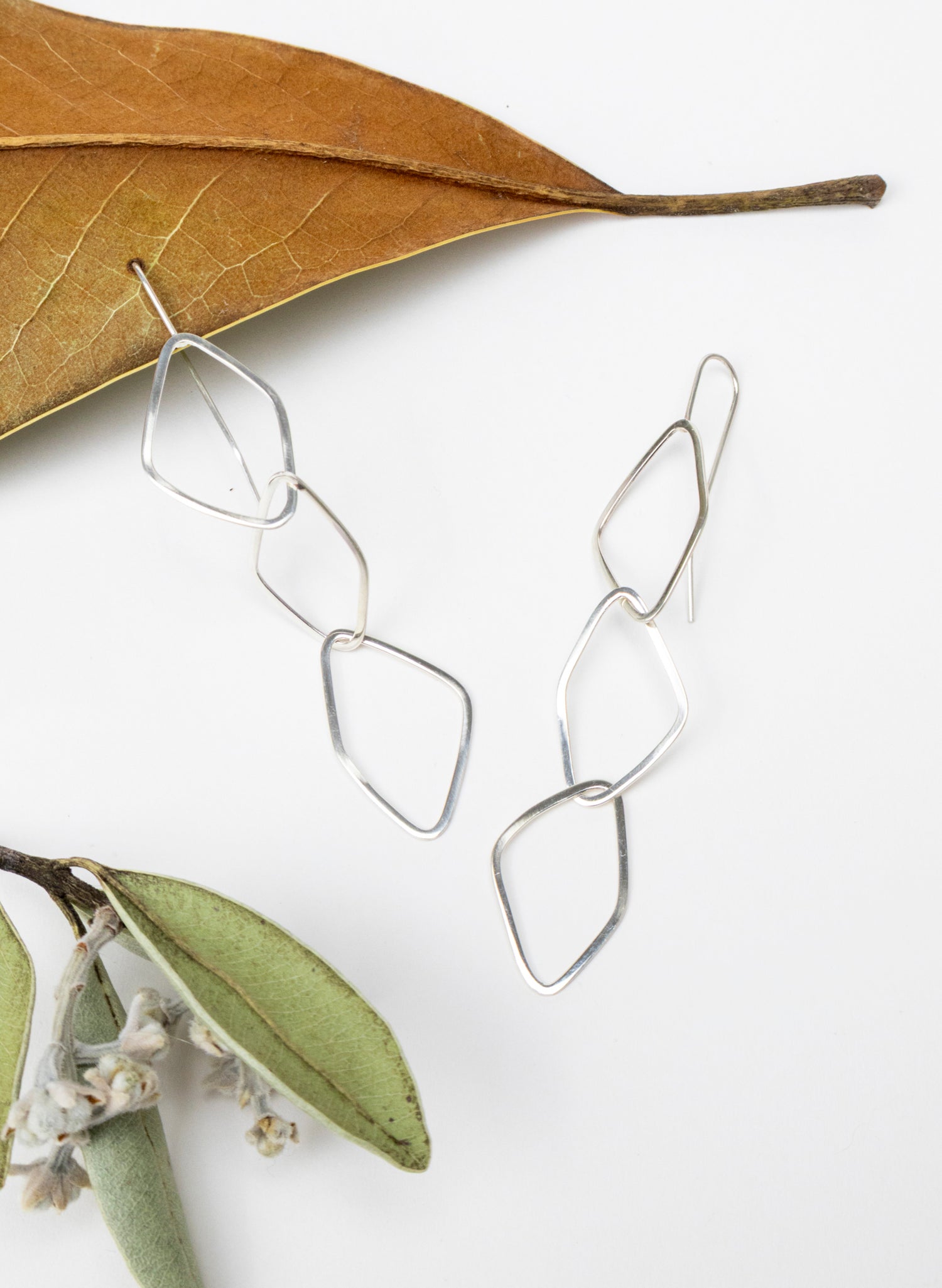 Diamond Odd Shaped Chain Silver Earrings