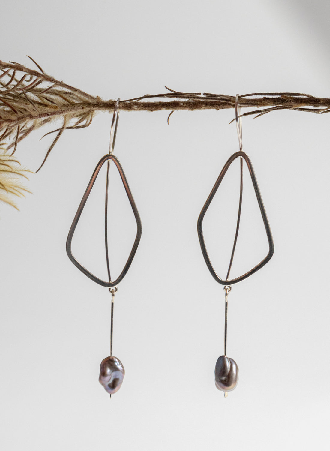 Delicate Leaf Earring with Grey Pearl