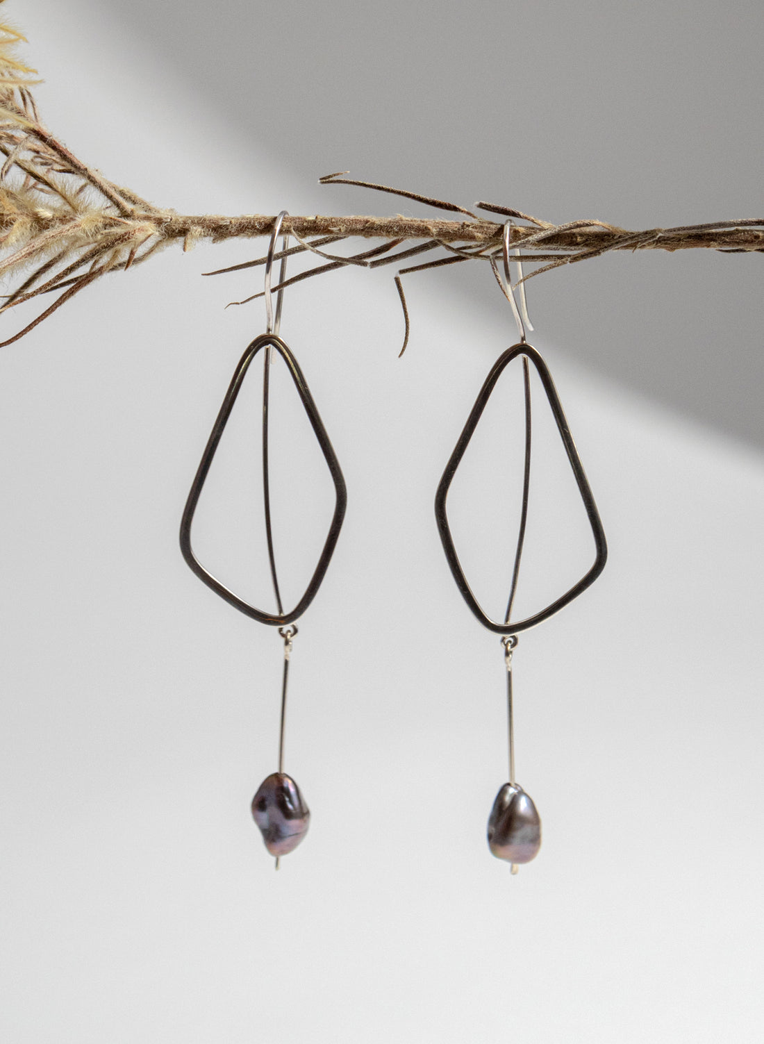 Delicate Leaf Earring with Grey Pearl