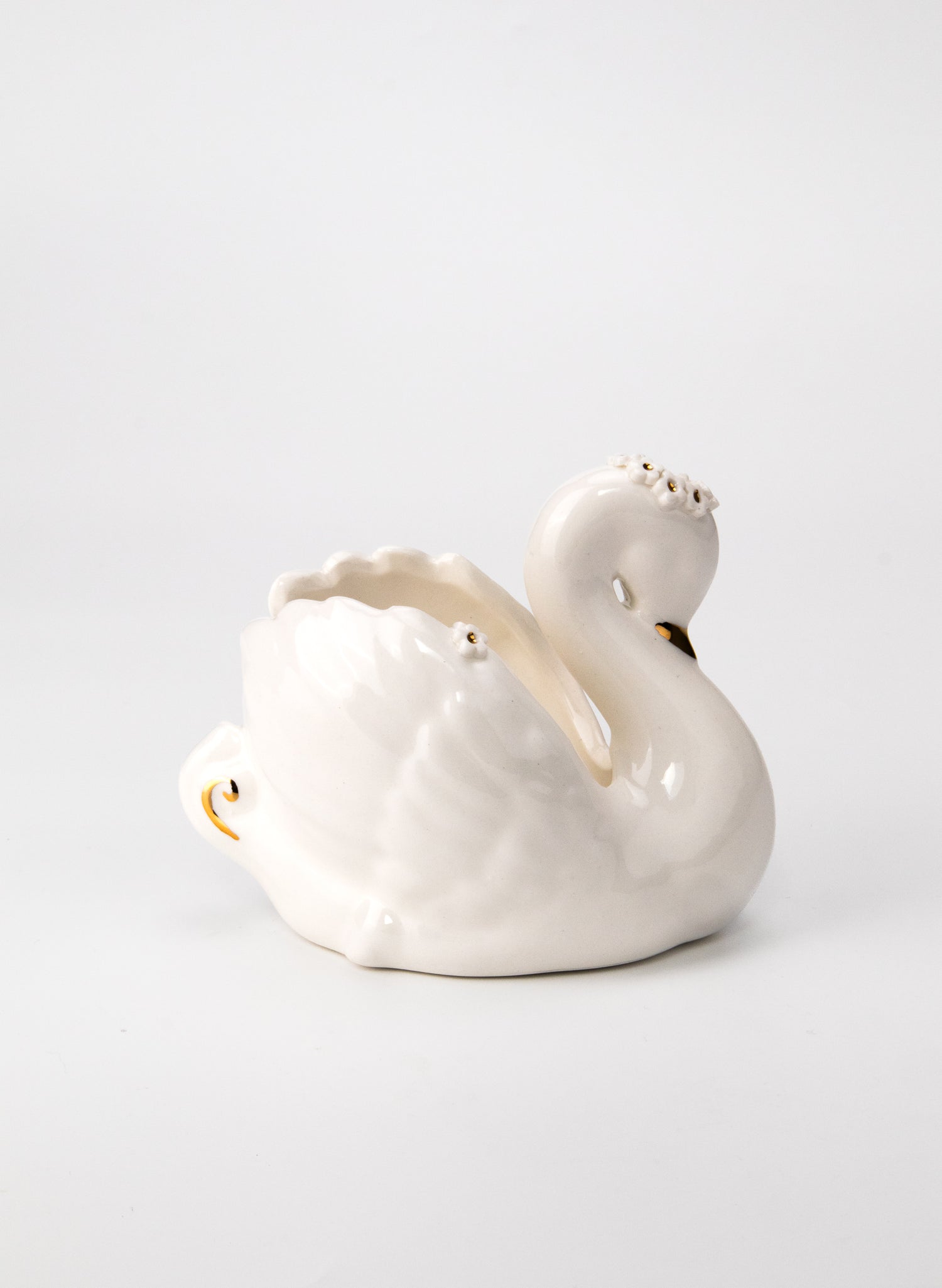 Medium Cream Swan with Gold and White Flowers