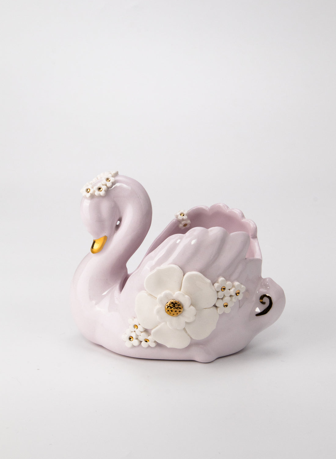 Medium Pastel Pink Swan with Gold and White Flowers