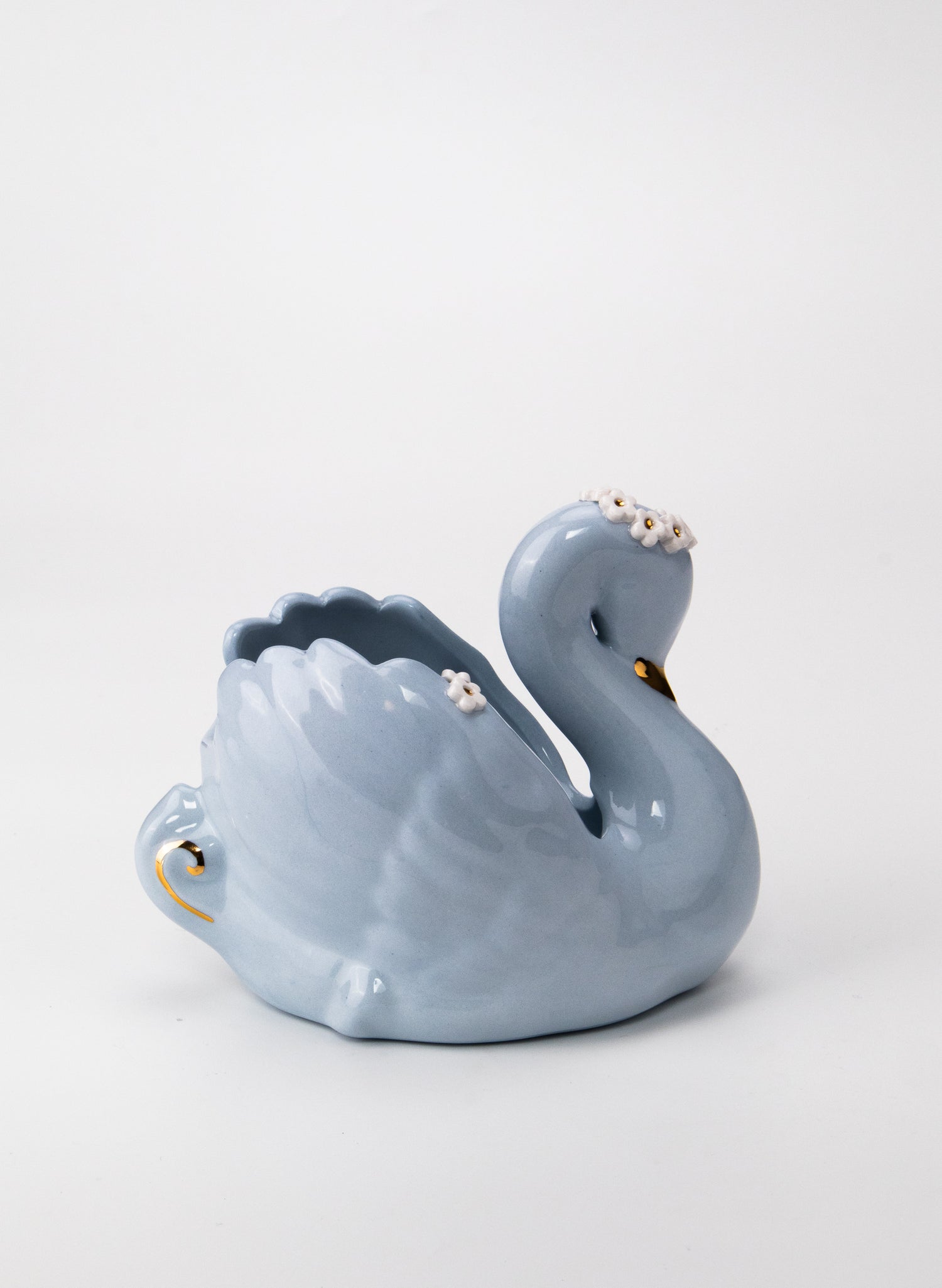 Medium Blue Swan with Gold and White Flowers