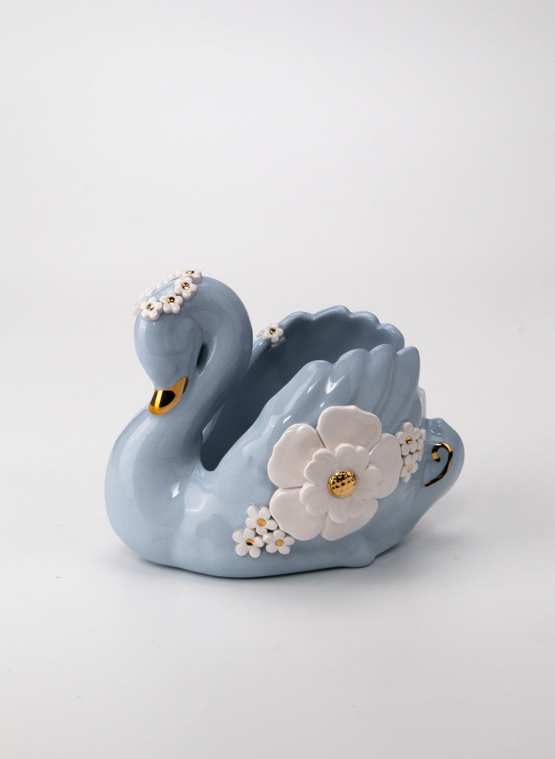 Medium Blue Swan with Gold and White Flowers