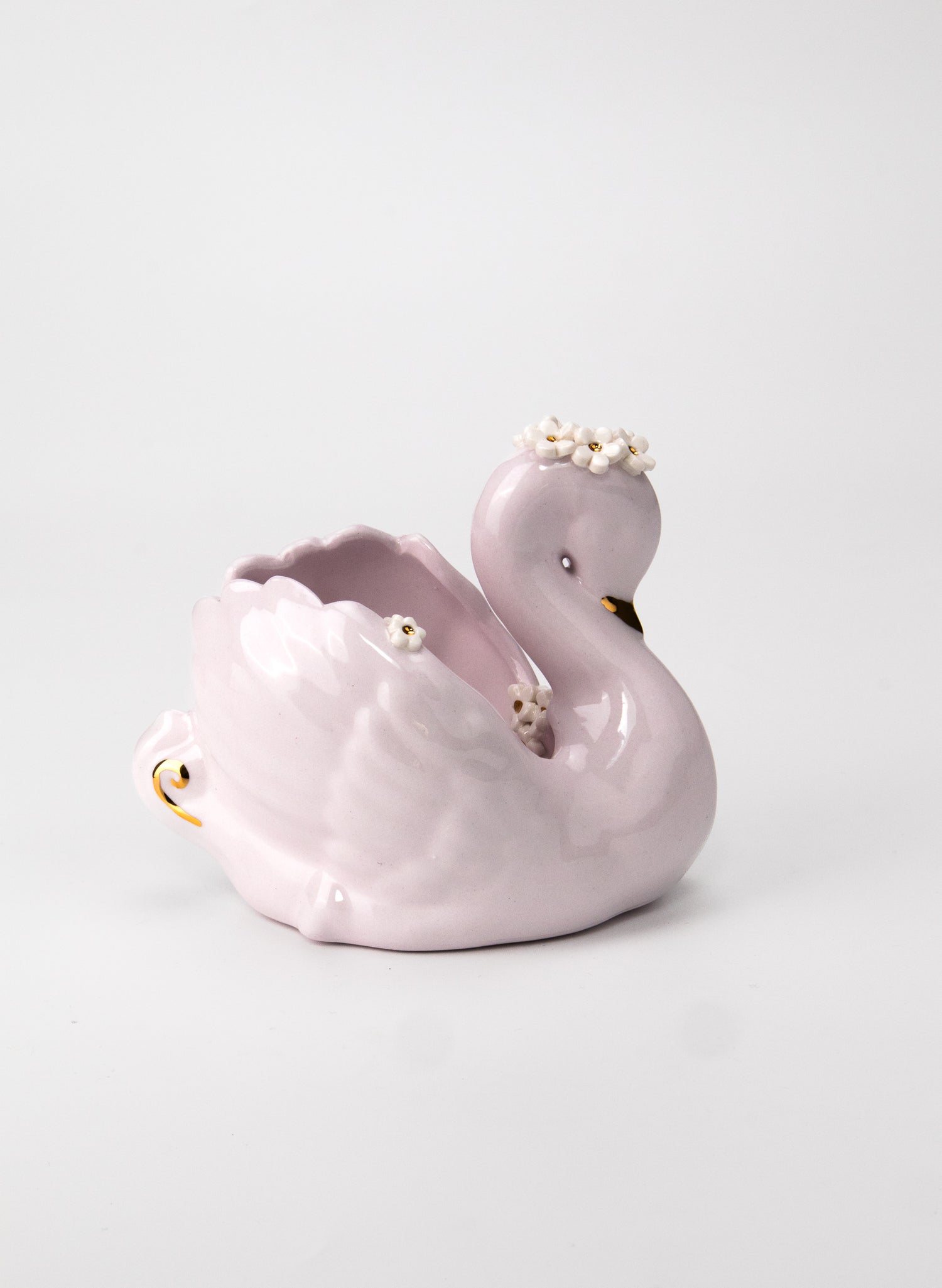 Medium Light Pastel Pink Swan with Gold and White Flowers