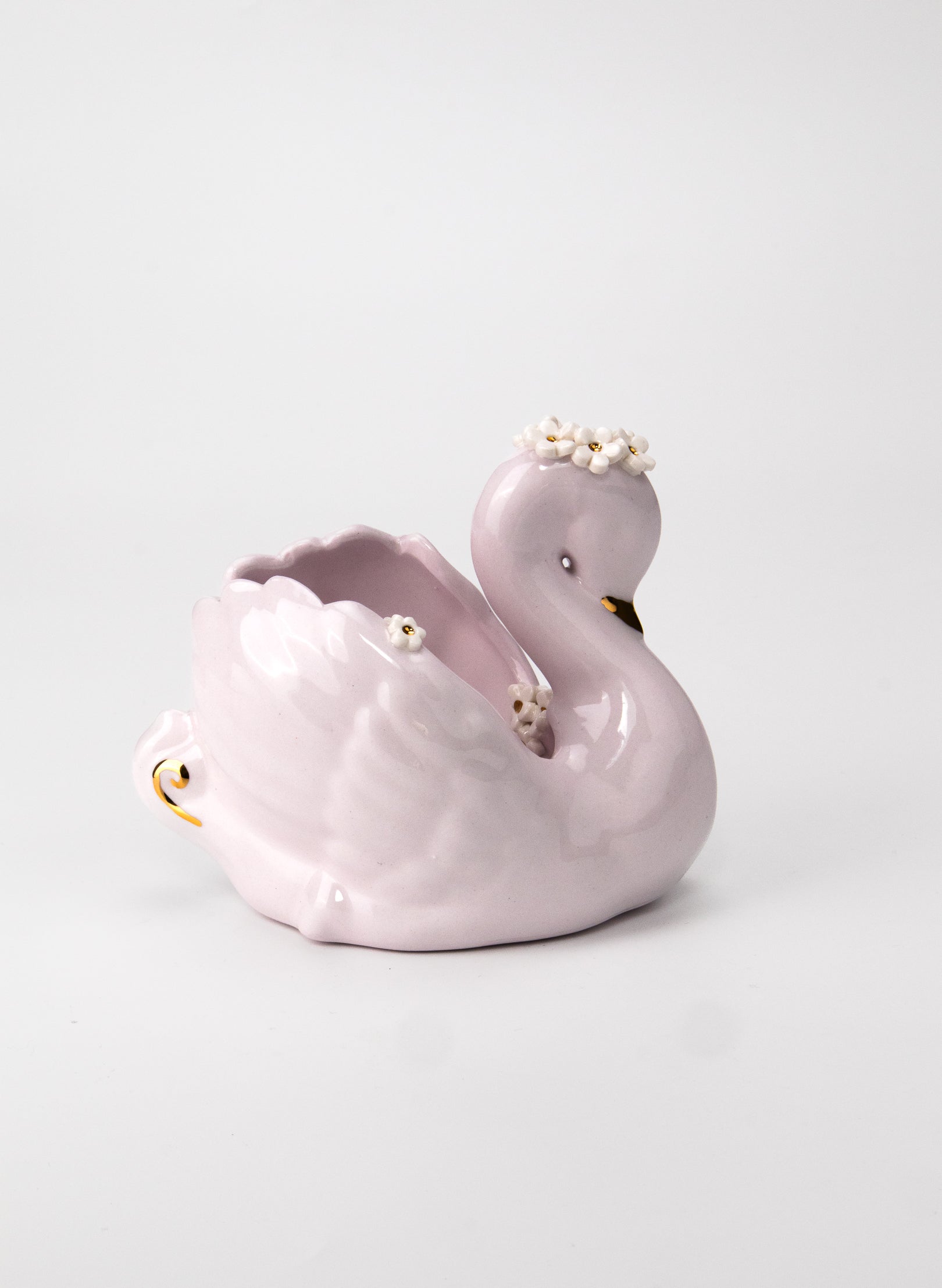 Medium Light Pastel Pink Swan with Gold and White Flowers