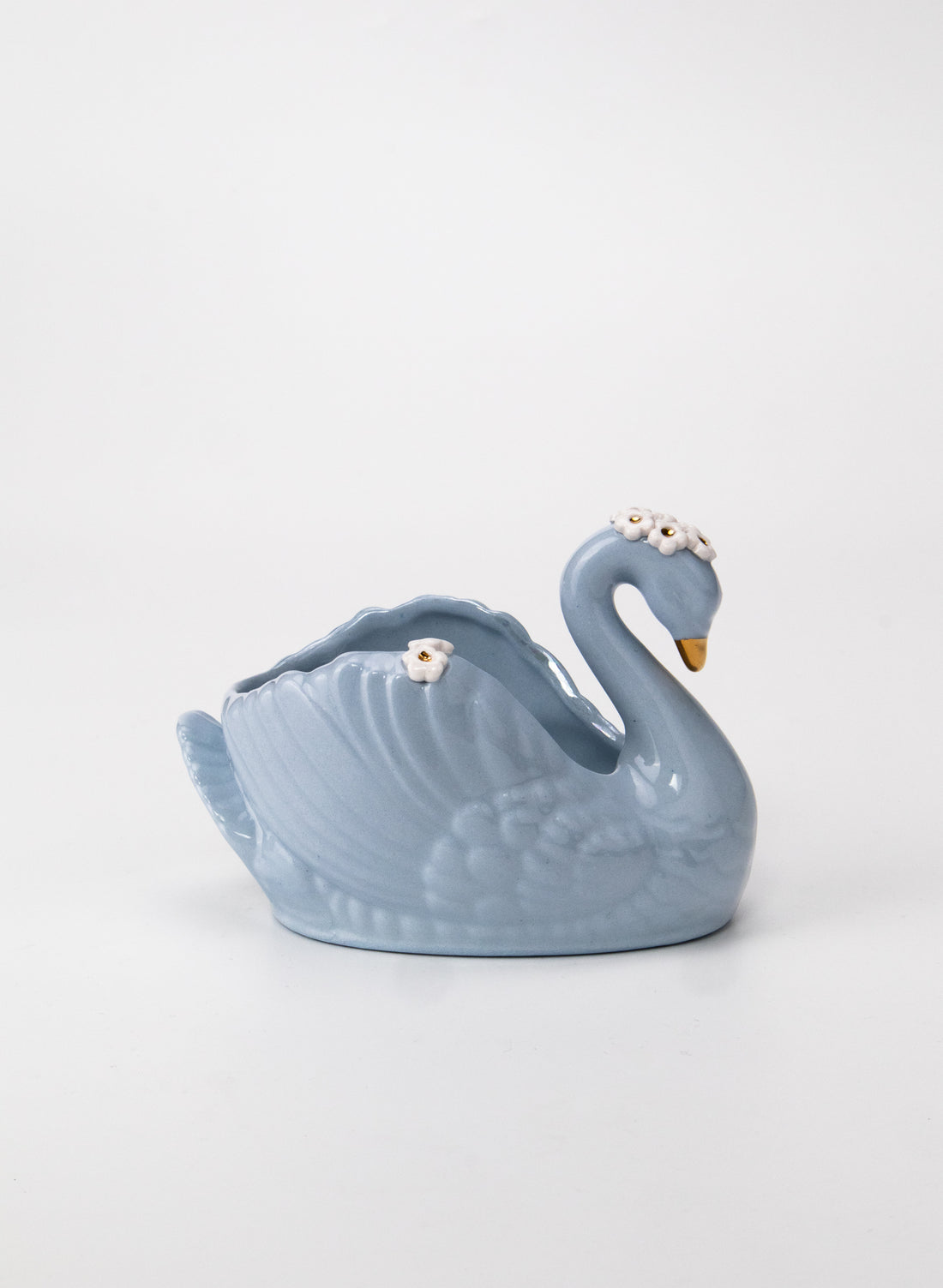 Small Light Blue Swan with Gold and White Flowers