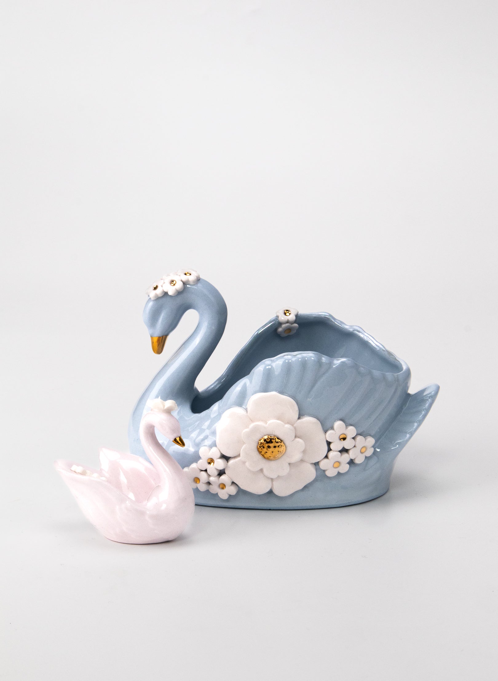 Small Light Blue Swan with Gold and White Flowers