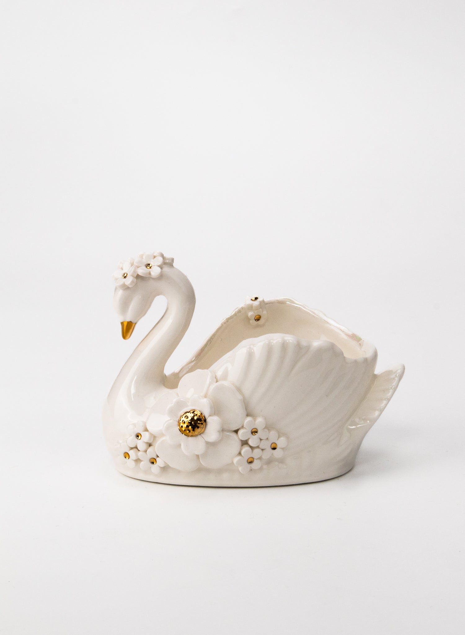 Small White Swan with Gold and White Flowers
