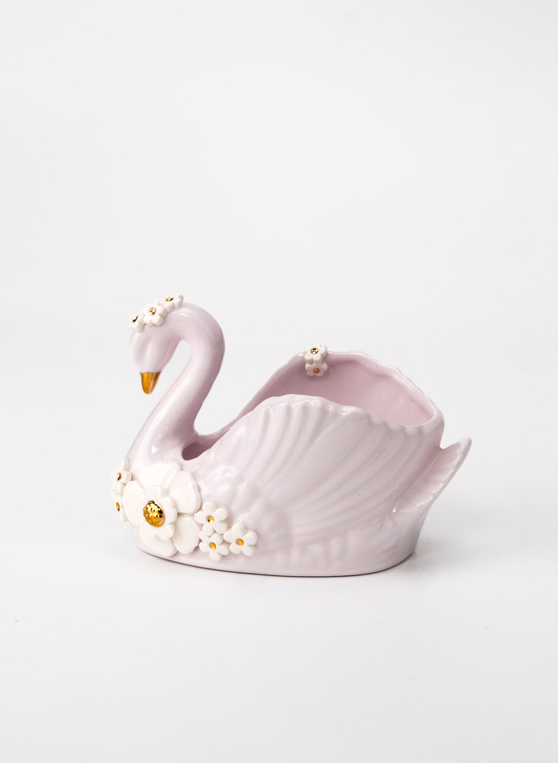 Small Light Pastel Pink Swan with Gold and White Flowers