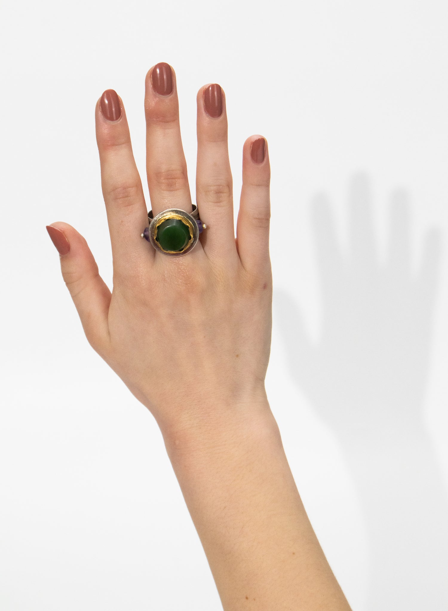 New Zealand Jade Pounamu Ring with 24ct Gold, Amethyst and Sterling Silver