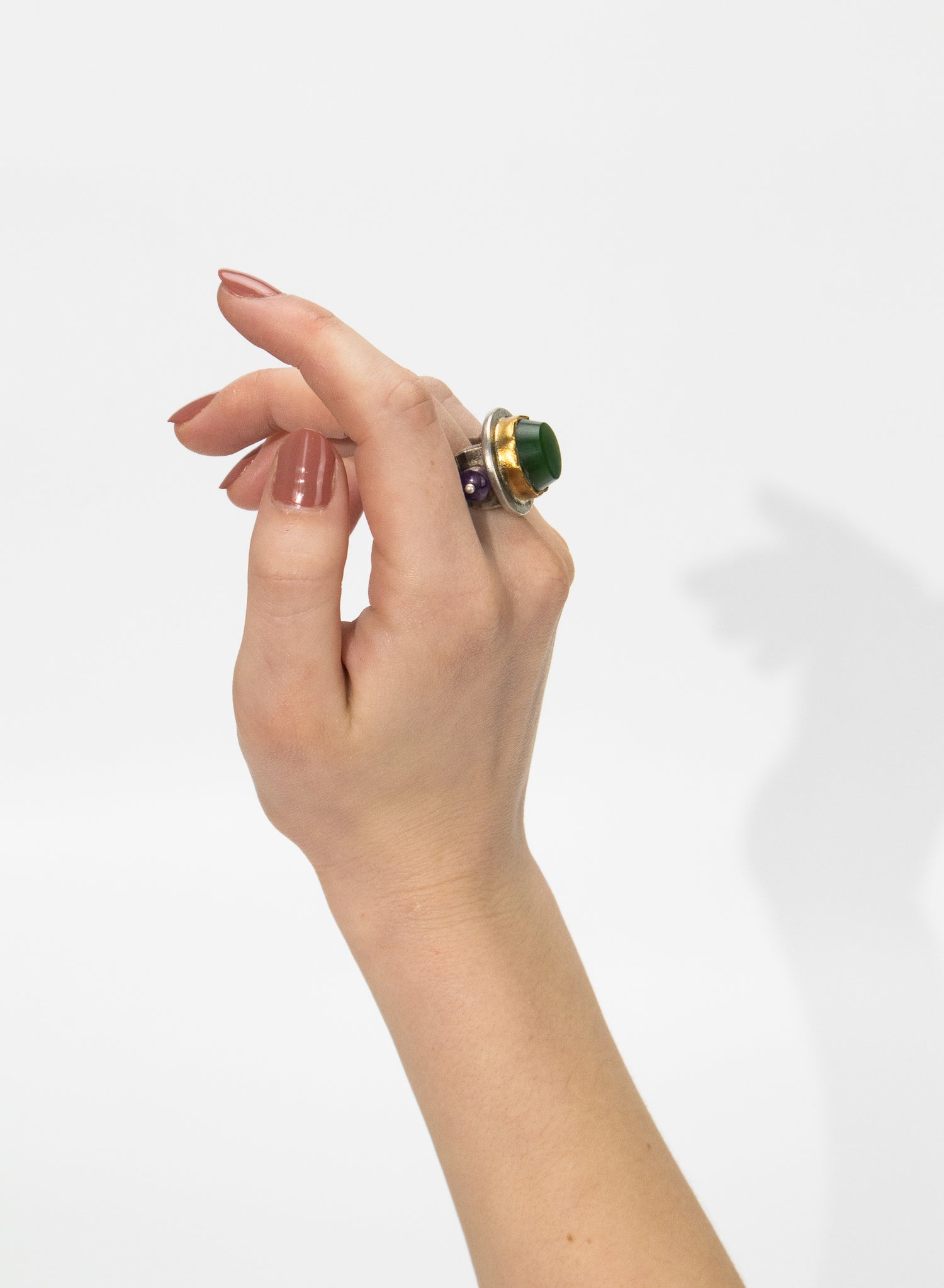 New Zealand Jade Pounamu Ring with 24ct Gold, Amethyst and Sterling Silver