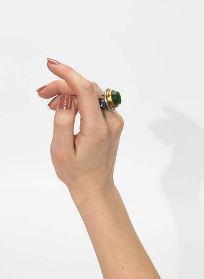 New Zealand Jade Pounamu Ring with 24ct Gold, Amethyst and Sterling Silver