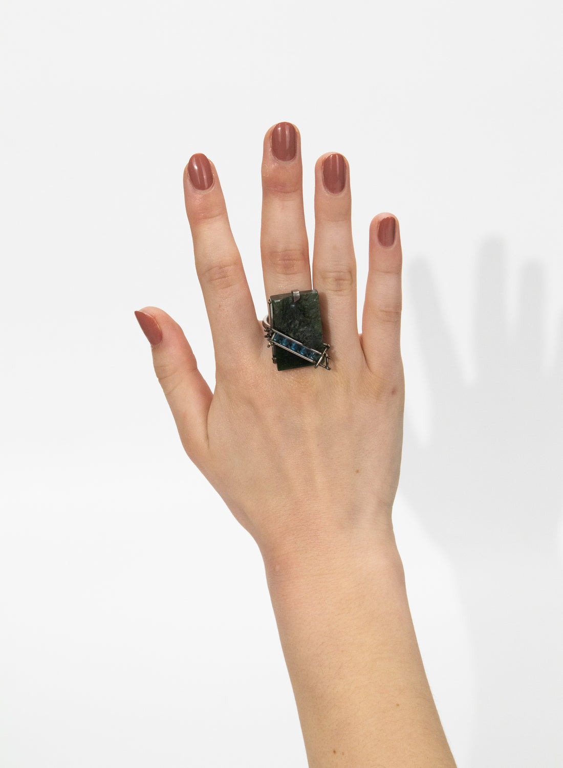 New Zealand Jade Pounamu, Swiss Blue Topaz and Stainless Steel Ring