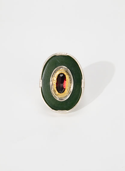 New Zealand Jade Pounamu, 24 ct Gold, Garnet and Sterling Silver Ring