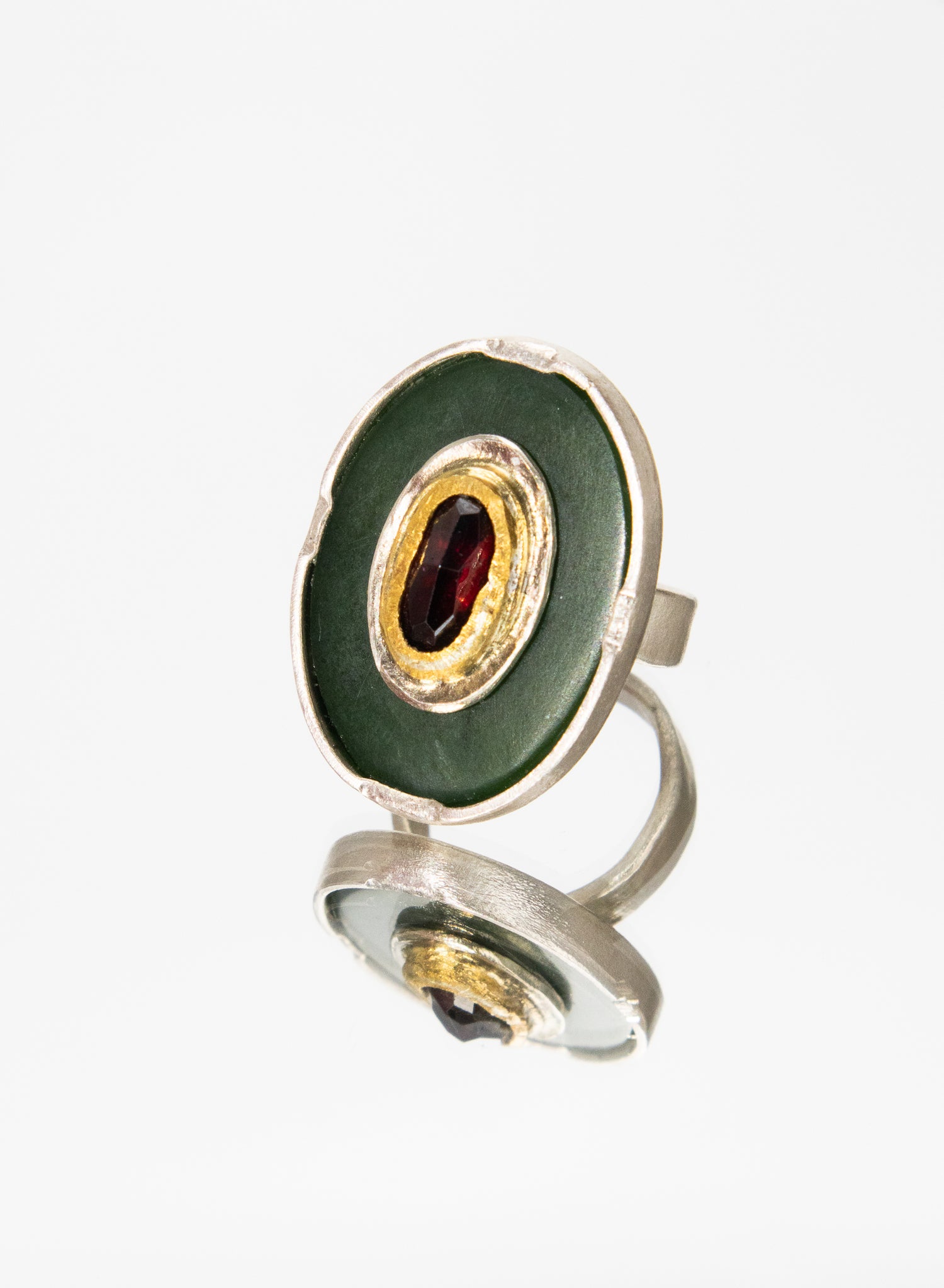 New Zealand Jade Pounamu, 24 ct Gold, Garnet and Sterling Silver Ring
