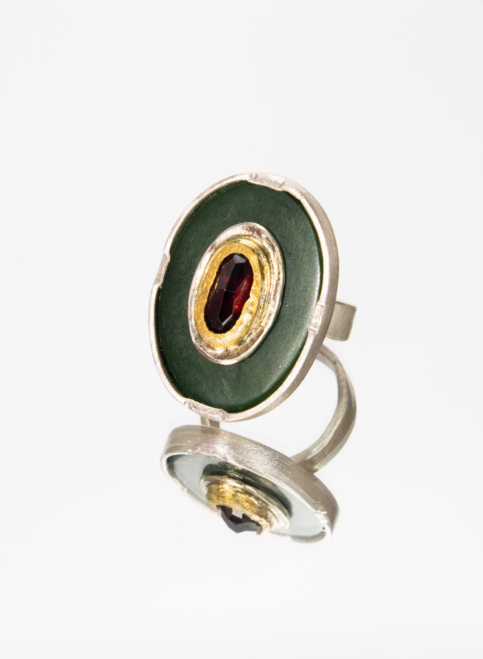 New Zealand Jade Pounamu, 24 ct Gold, Garnet and Sterling Silver Ring