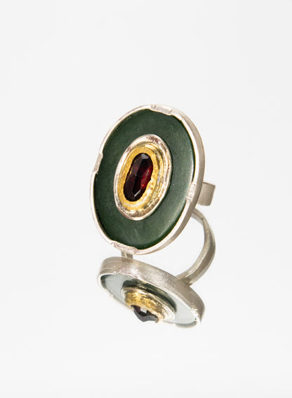 New Zealand Jade Pounamu, 24 ct Gold, Garnet and Sterling Silver Ring