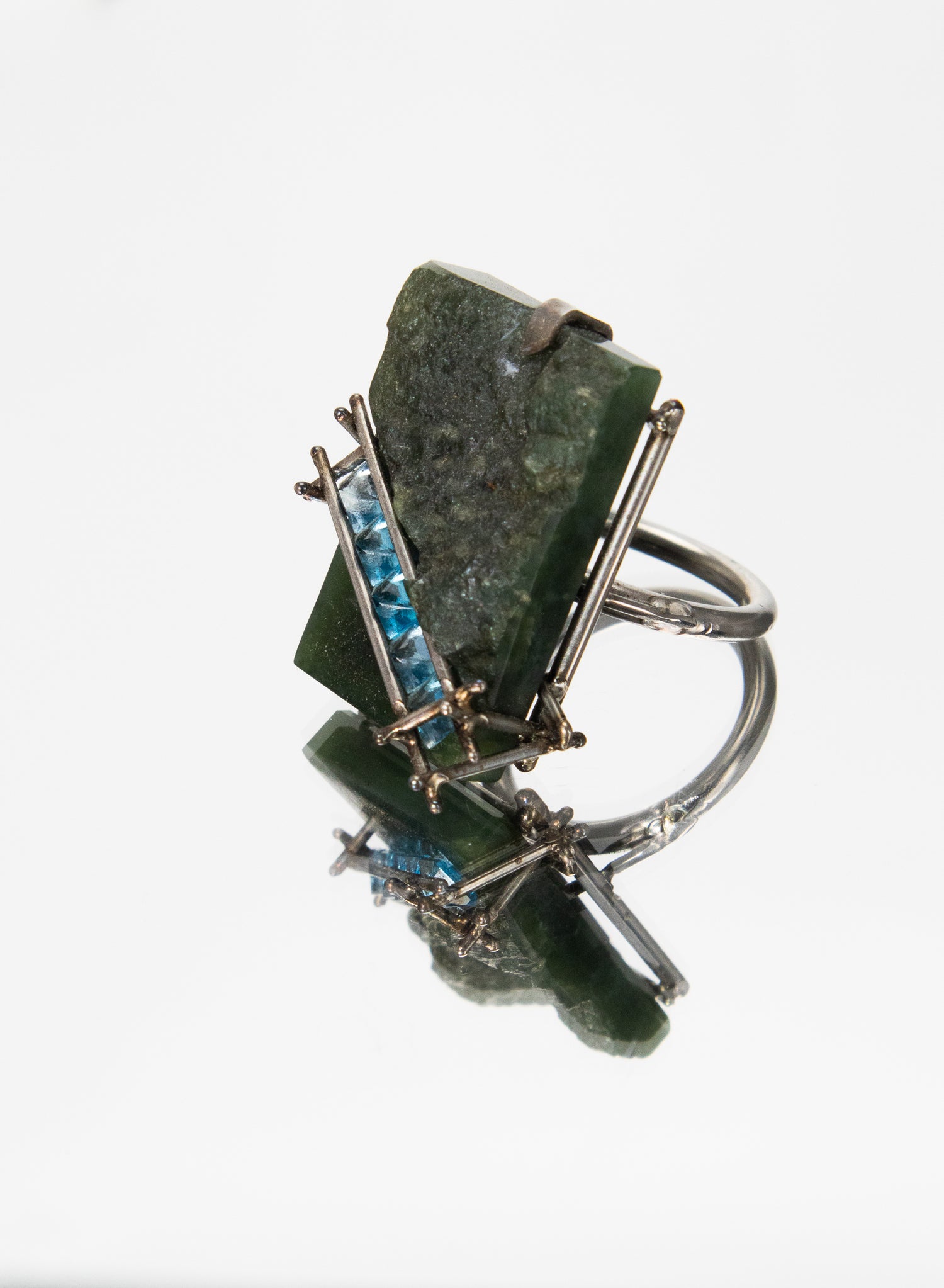 New Zealand Jade Pounamu, Swiss Blue Topaz and Stainless Steel Ring