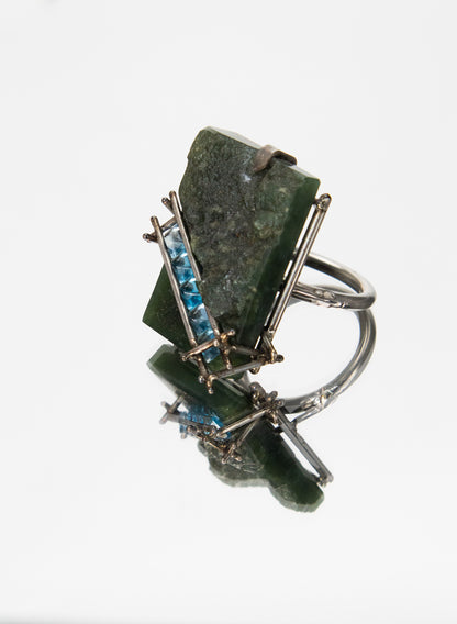 New Zealand Jade Pounamu, Swiss Blue Topaz and Stainless Steel Ring