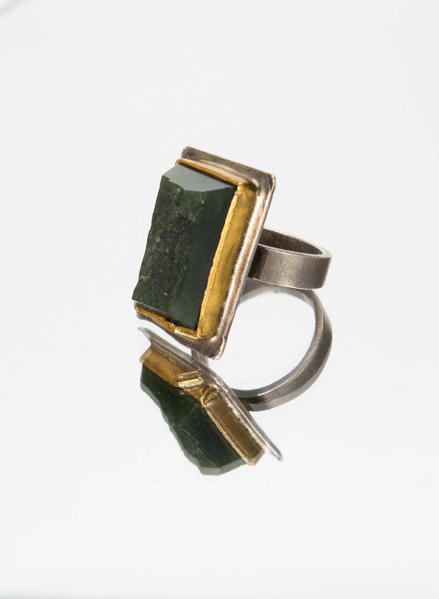 New Zealand Jade Pounamu, 24ct Gold and Sterling Silver Ring