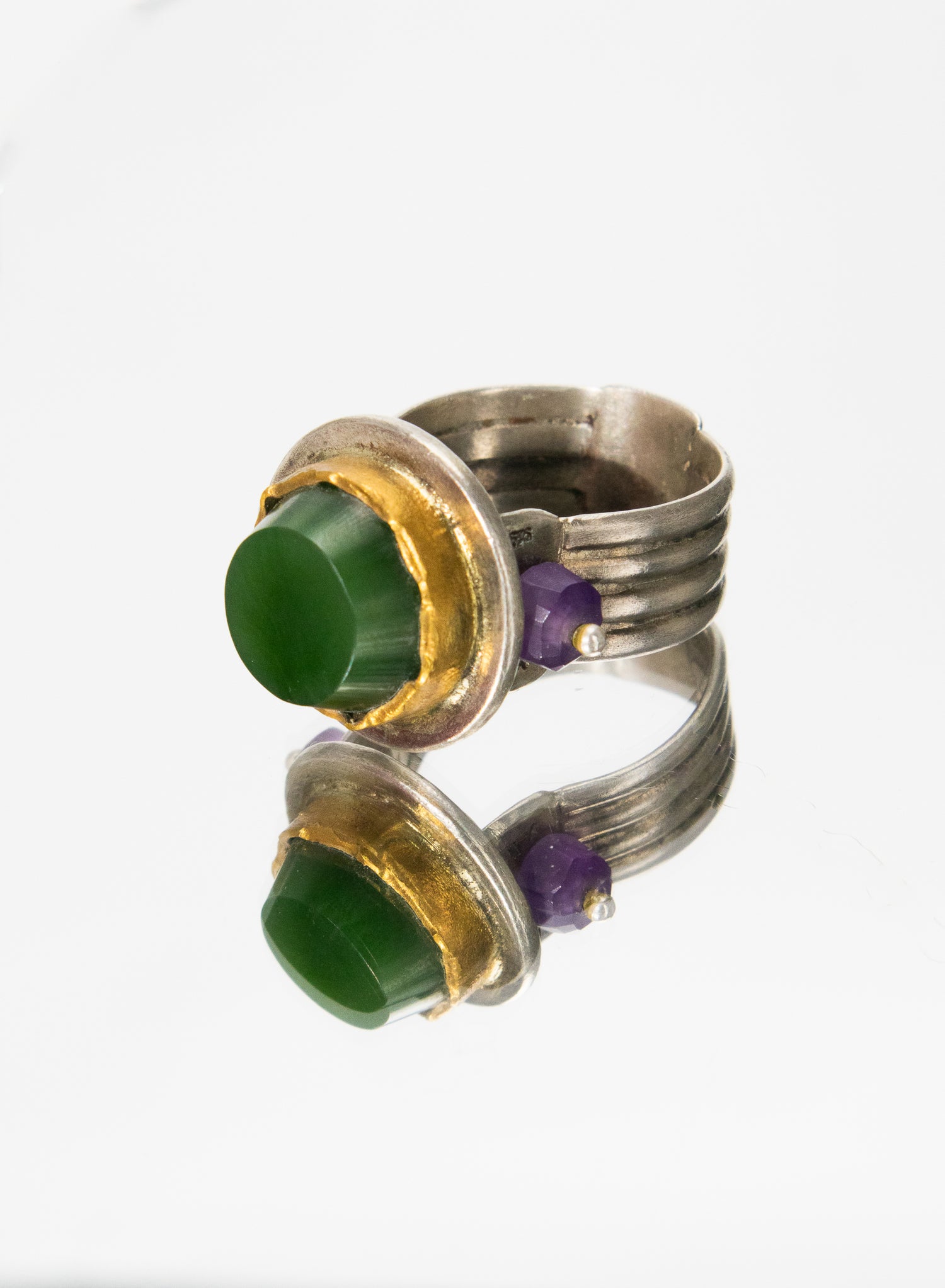 New Zealand Jade Pounamu Ring with 24ct Gold, Amethyst and Sterling Silver
