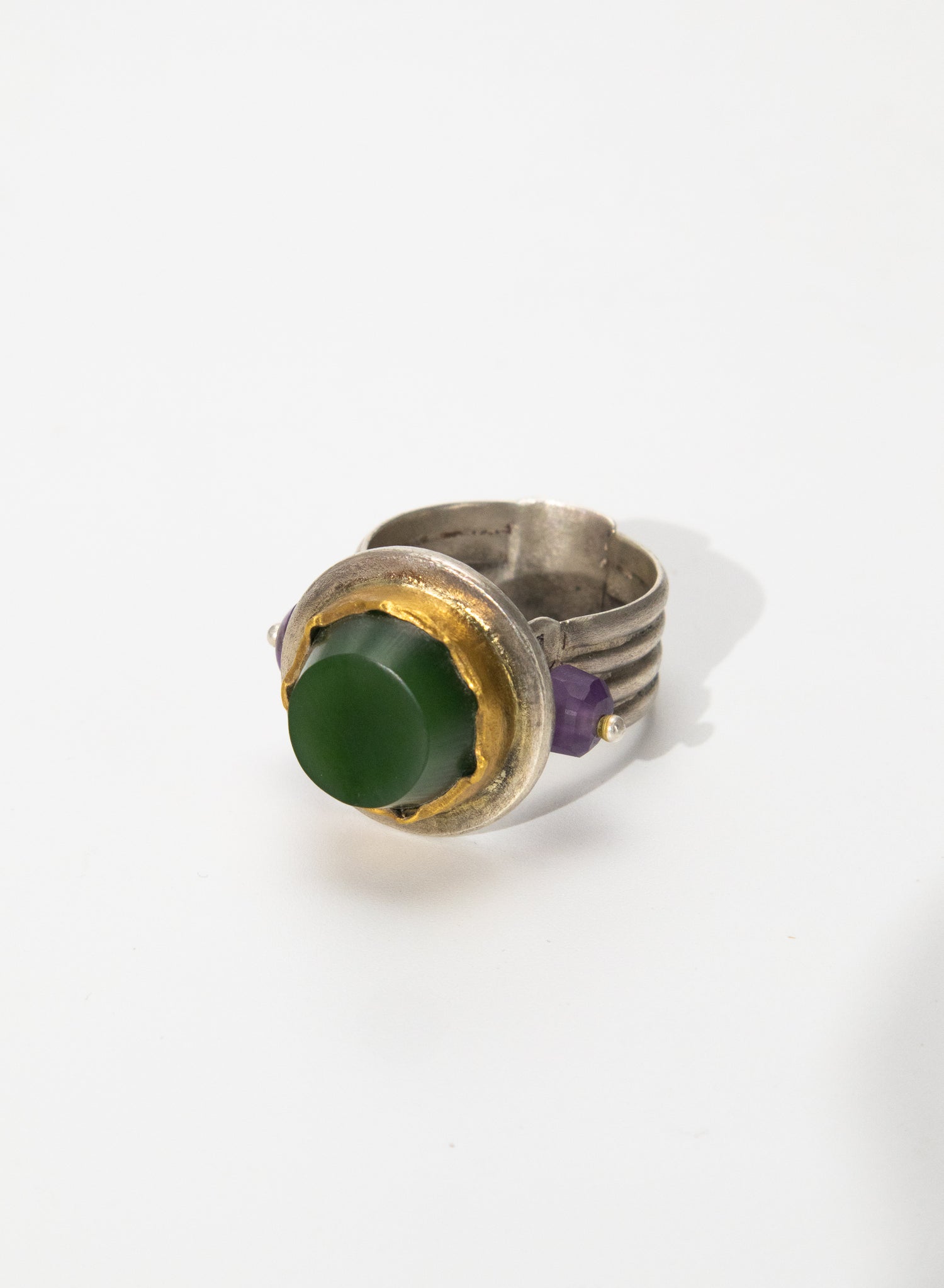 New Zealand Jade Pounamu Ring with 24ct Gold, Amethyst and Sterling Silver