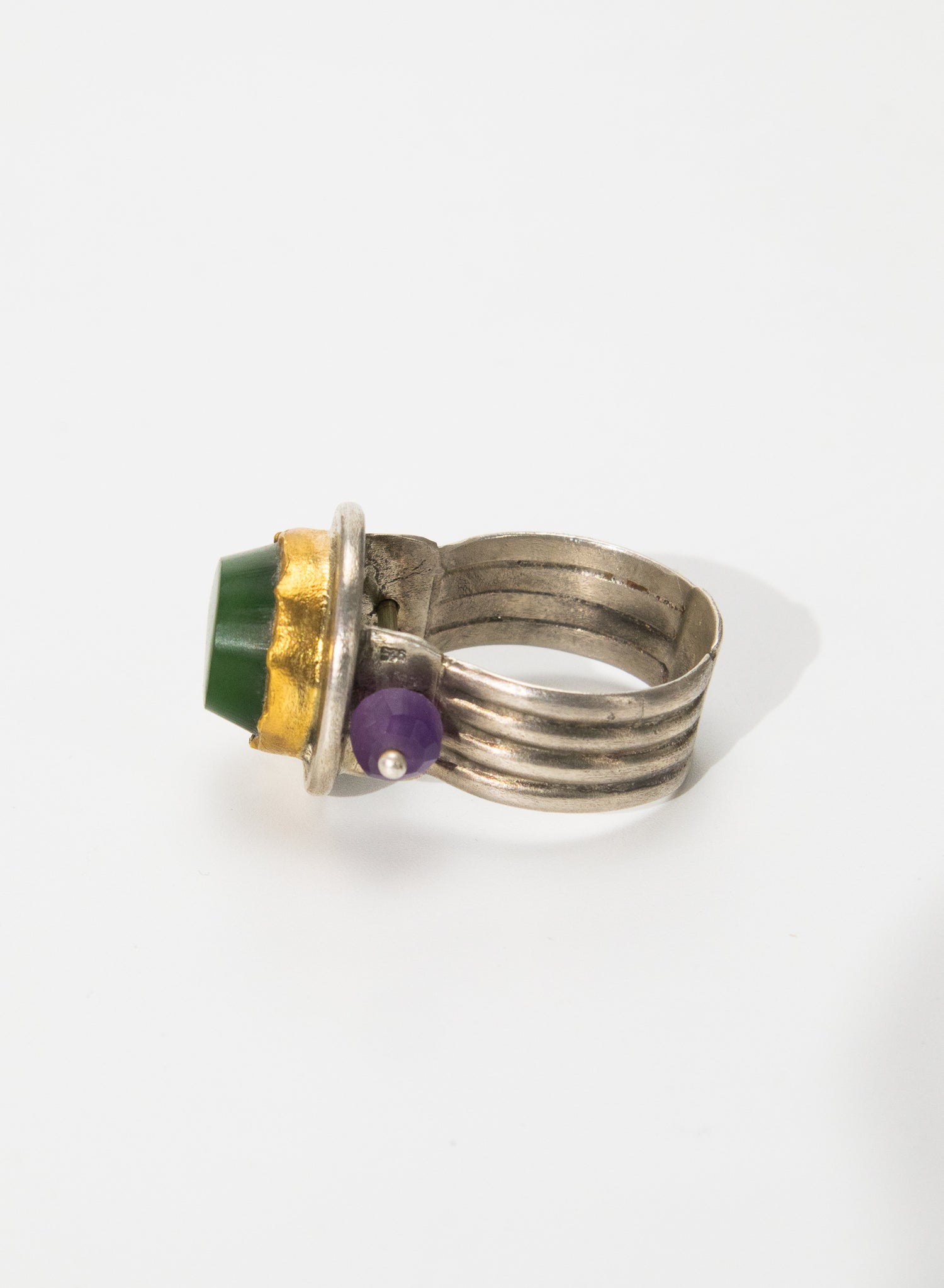 New Zealand Jade Pounamu Ring with 24ct Gold, Amethyst and Sterling Silver