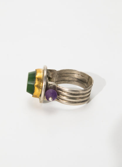 New Zealand Jade Pounamu Ring with 24ct Gold, Amethyst and Sterling Silver