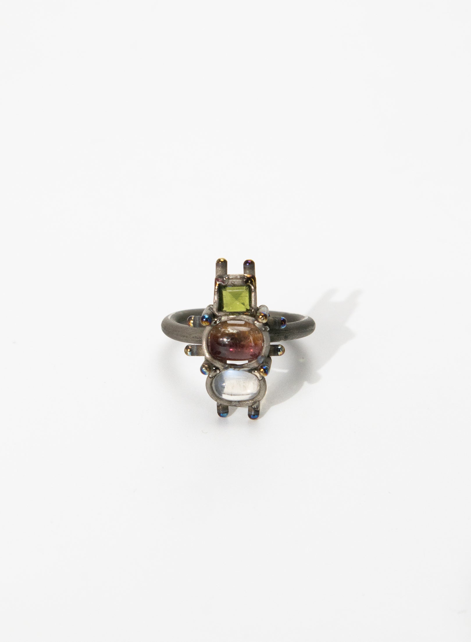Moonstone and 2 Tourmaline and Titanium Ring