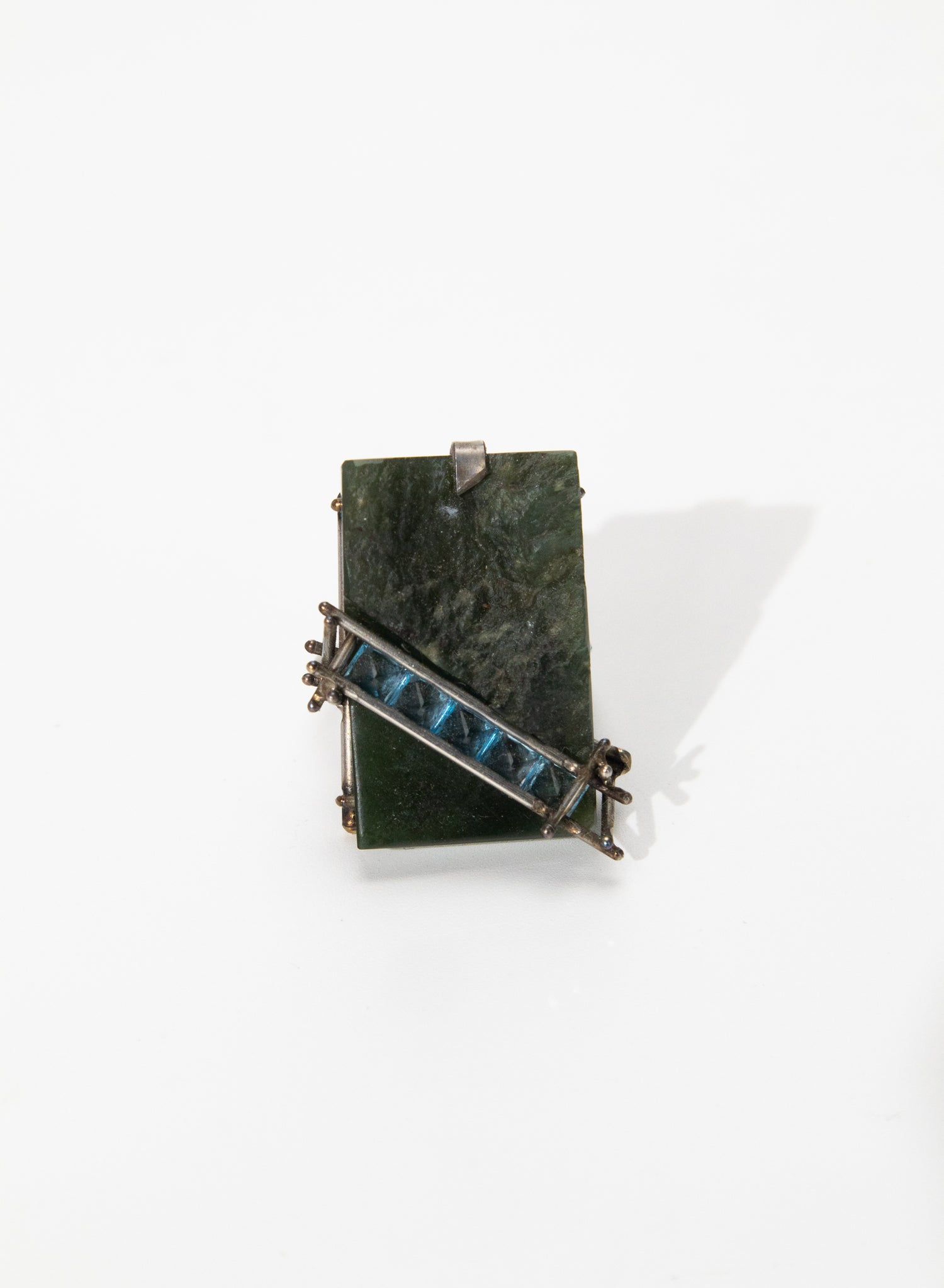 New Zealand Jade Pounamu, Swiss Blue Topaz and Stainless Steel Ring