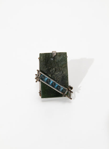 New Zealand Jade Pounamu, Swiss Blue Topaz and Stainless Steel Ring