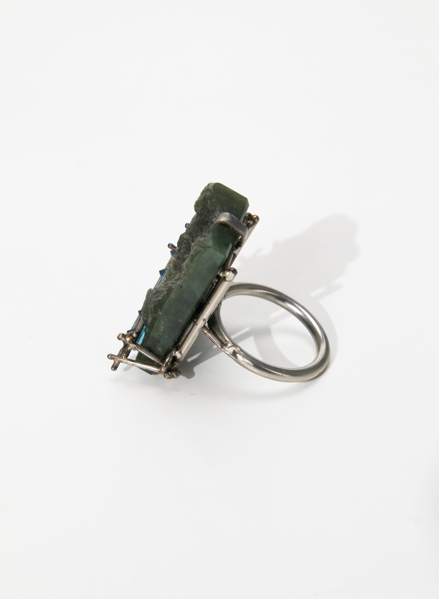 New Zealand Jade Pounamu, Swiss Blue Topaz and Stainless Steel Ring